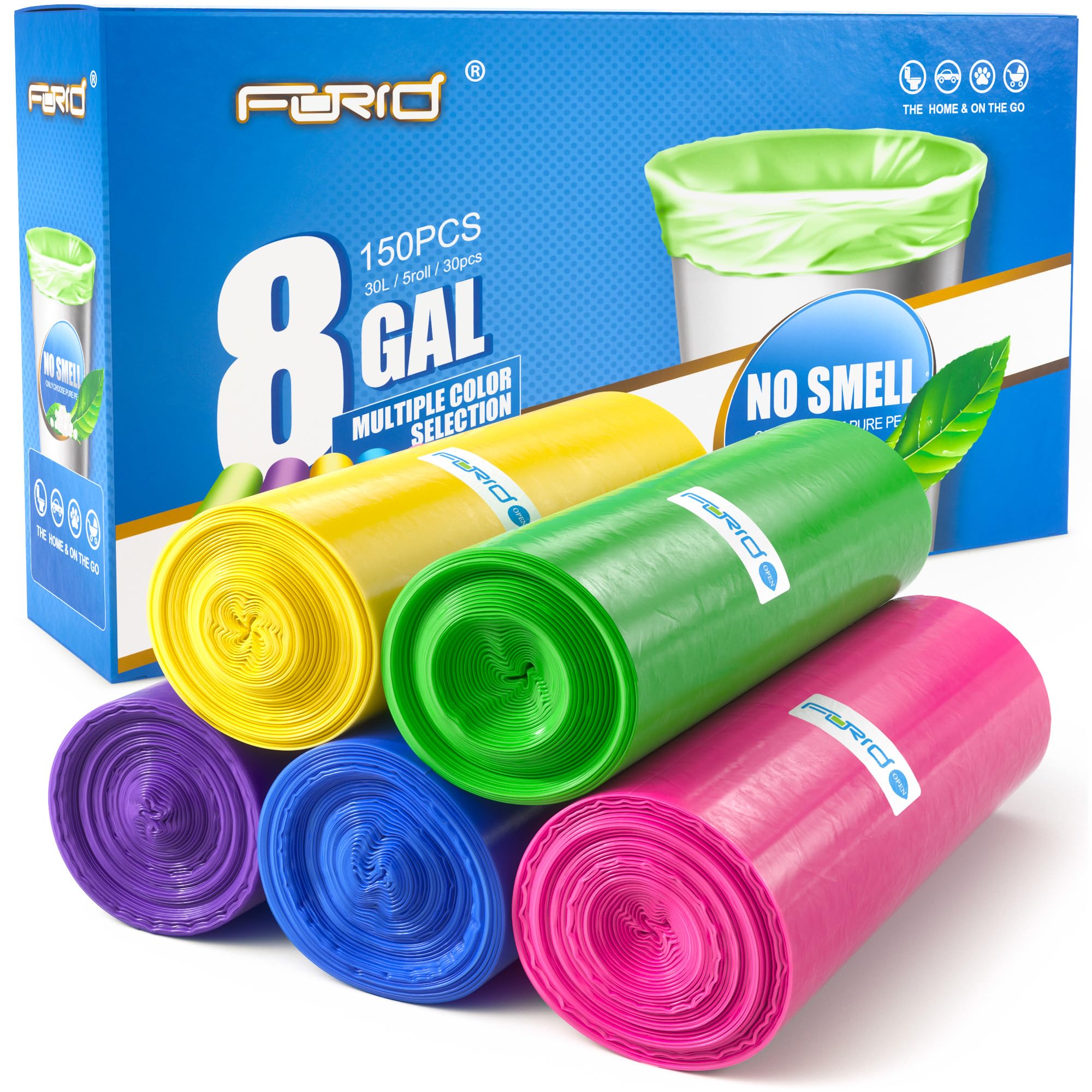 Photo 1 of FORID 8 Gallon Trash Bags Multi Colored - Extra Thick Garbage Bags Unscented, Strong Plastic Waste Can Liners for Home Bathroom Office Kitchen,150 Bags 5 Rolls,30 Liters