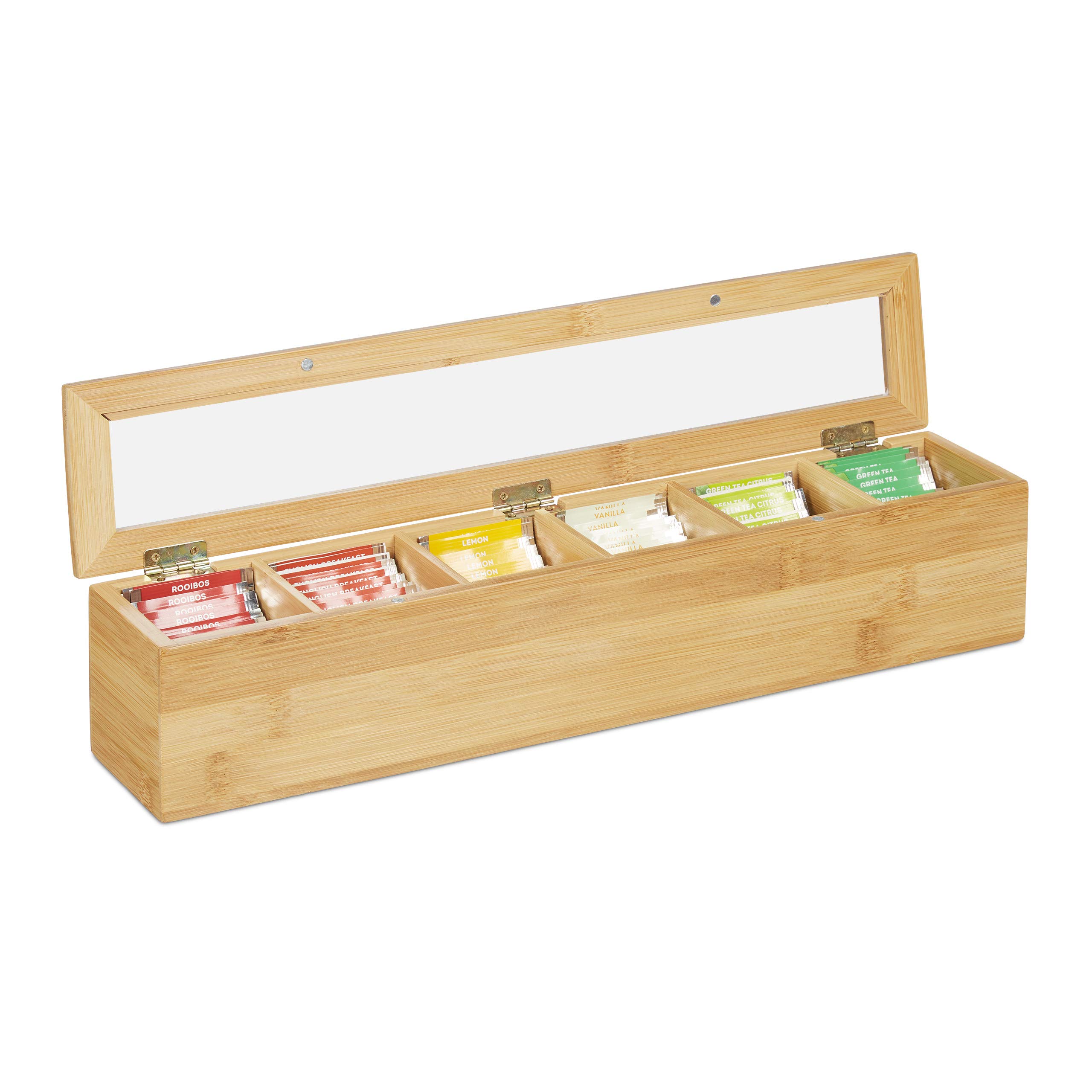 Relaxdays Tea Box, 6 Compartments, Organiser Chest, H x W x D: 9 x 44 x 9 cm, Bamboo, Natural
