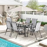 TLSUNNY 7 Pieces Patio Dining Set, Outdoor Table and Chairs W/1.69″ Umbrella Hole, 30"X 55" Table and Stackable Textilene Chair, All Weather Patio Furniture Set (Umbrella not Included) (Grey)