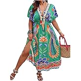 Floerns Women's Plus Size Tribal Print Dolman Sleeve Slit Summer Maxi A Line Dress