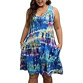 Women Plus Size V Neck Sleeveless Floral Print Pocket T Shirt Dresses Casual Midi Tank Dress Beach Cover up Sundress (XL-5X)
