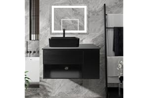 SOLIDEE 28 Inch Black Floating Bathroom Vanity with 1-Door and 1-Drawer, Modern Wall Mounted Cabinet with Black Ceramic Vessel Sink