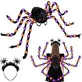 Halloween Spider Costume for Adult Orange Black LED Lights Candy Backpack Headband Ring Tattoos for Trick or Treat Cosplay Halloween Party Decorations Accessories (Batteries Not Included)