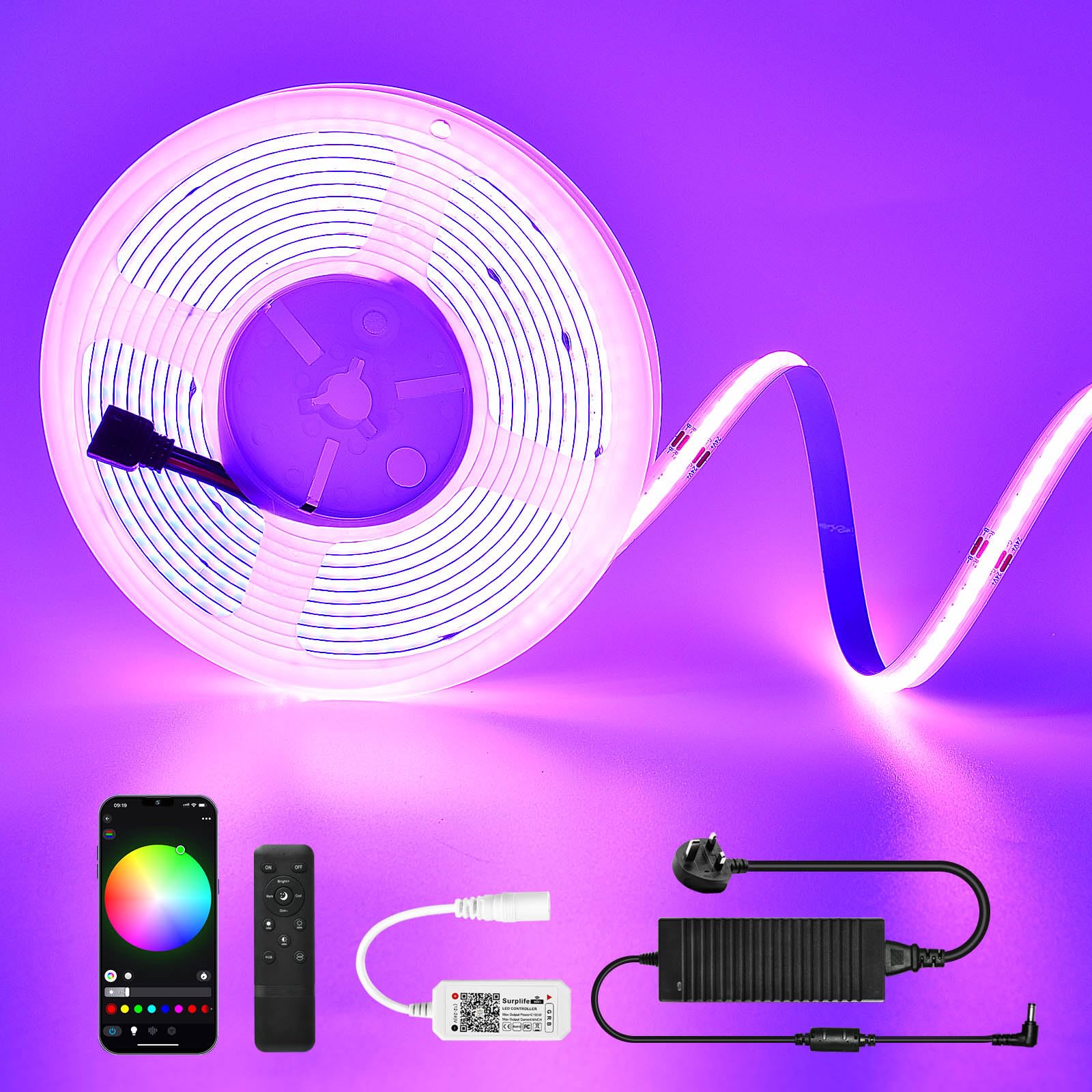 WiFi RGB COB LED Strip Light 10M,576LEDs/M Dimmable LED Strip Kit,Flexible Strip Lights 24V LED Tape Lights for Bedroom,Kitchen,Home DIY Lighting,Work with Alexa/Google Home