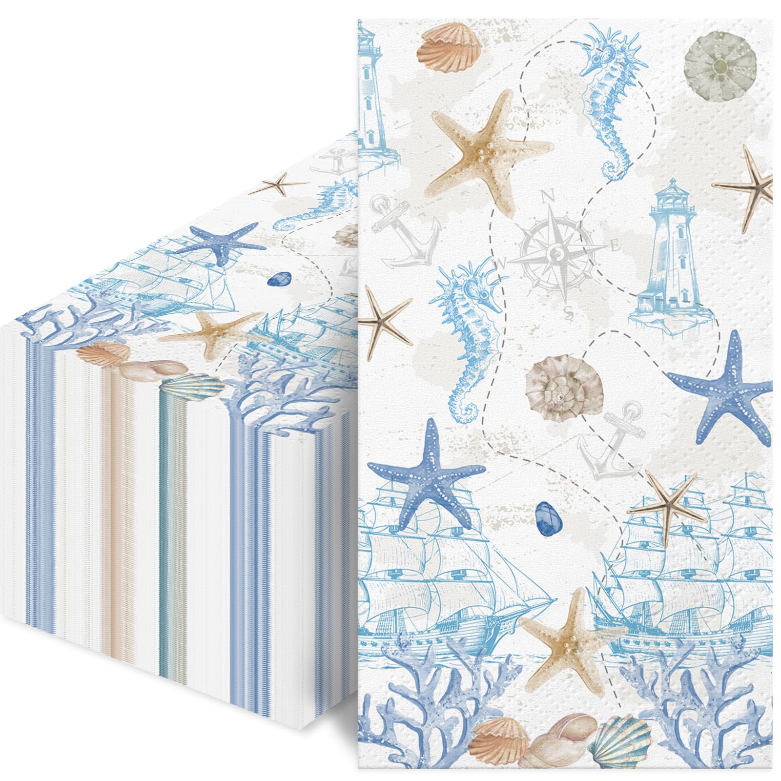 Photo 1 of 100 Pcs Nautical Coastal Paper Napkins, Sea Blue Disposable Guest Towels for Wedding, Boat & Beach Parties, Bathroom Hand Towels, Dinner Decorative Supplies