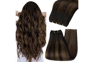 YoungSee 18 Inch Weft Hair Extensions Balayage Human Hair Weft Extensions Dark Brown Mix Medium Brown Highlights Brown Balayage Sew in Hair Extensions Real Human Hair Natural Luster Texture 100G