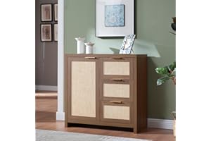 OAKHAM HOME Hampstead 3 Drawer Storage Cabinet Sideboard Rattan Buffet Cabinet Accent Cabinet Modern Kitchen Storage Chest with Adjustable Shelves for Entryway and Living Room. (Walnut)