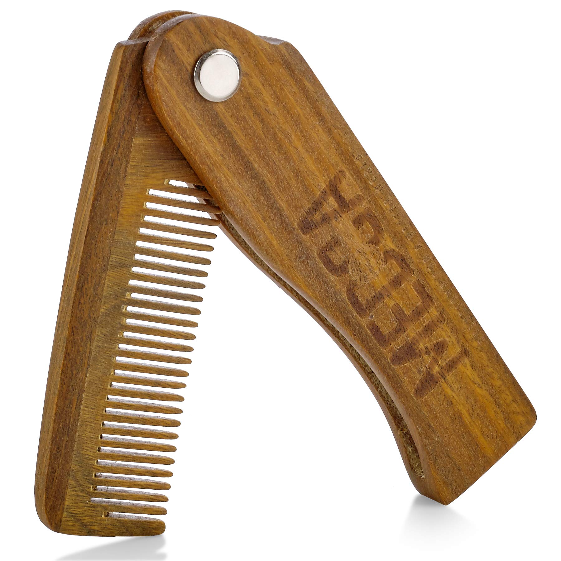 Folding Wooden Comb - 100% Solid Beech Wood - Fine Tooth Pocket Sized Beard, Mustache, Head Hair Brush Combs for Men for All Hair Types - Travel, Styling & Detangler