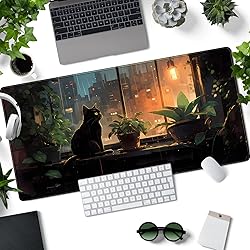 Black Cat Desk Mat Green Plants Desk Pad Anime