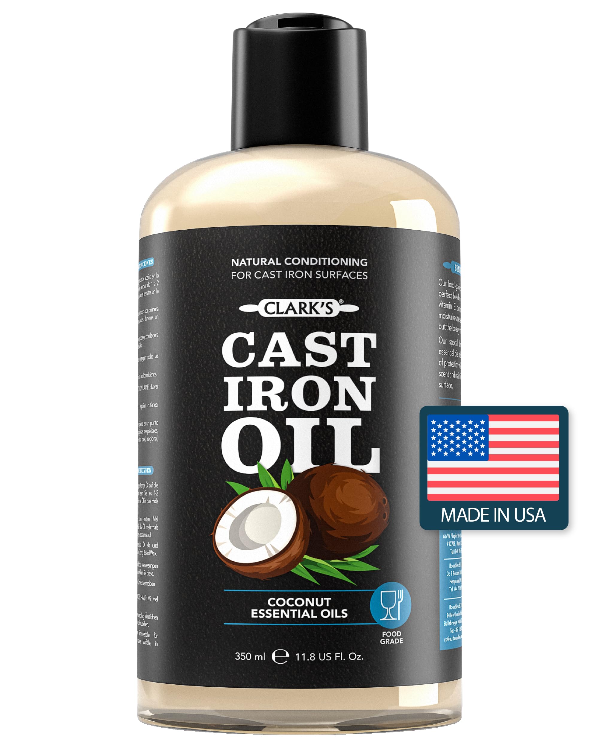 CLARK'S Cast Iron Seasoning Oil (12 Ounces) - 100% Plant Based from Refined Coconut Oil (Vegan) - No Mineral Oil - Prevents Rust - Maintains Seasoning on All Cast Iron and Carbon Cookware