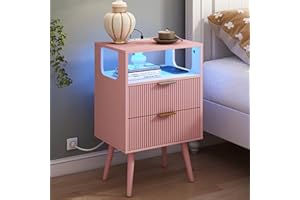 JOONEE Pink Nightstand with Charging Station and LED Lights,Modern Bedside Table with 2 Storage Drawer and Open Wood Shelf, f