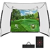 Golf Practice Hitting Net, ICEFLY 11 * 8FT Golf Driving Net with HD Blank Simulator Impact Screen and Target Cloth for Home Backyard Garage Swing Training, Indoor Outdoor Use
