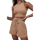 Lingswallow 2 Piece Women Lounge Sets - Sleeveless Crop Top and Shorts Waffle Lounge Set Tracksuits Sweatsuits for Women