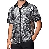 Lars Amadeus Sequins Shirt for Men's Metallic Short Sleeves Summer Disco Party Sparkly Shirt