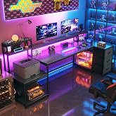 EnHomee 71" L Shaped Gaming Desk with Long Integrated Monitor Shelf | Special Long Integrated Monitor Shelf Holds 2 Monitors and Speakers,Frees Space and Connects with Side Storage Racks,Black