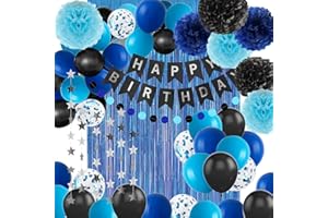 Blue and Black Happy Birthday Party Decorations for Boys Men Banner Balloons Navy Royal Light Blue Pom Poms Foil Curtain star