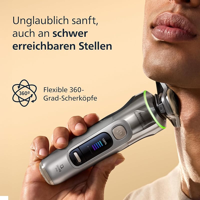 Rasierer i9000 Prestige Ultra für Herren, Nass- und Trockenrasur, chrom, Druck- und Bewegungssensor, 5+1 Bartstyler, Nasenhaartrimmer, Reinigungsstation, Ladestation und Reiseetui (XP9404/38)