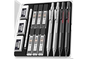 Nicpro 4 PCS Metal Mechanical Pencil Set 0.5 mm & 0.7mm with Case, Artist Pencil MP1000 with 6 Tubes HB Lead Refill, 3 Eraser, 9 Eraser Refill For Art Writing Drafting Drawing,Black & Silver