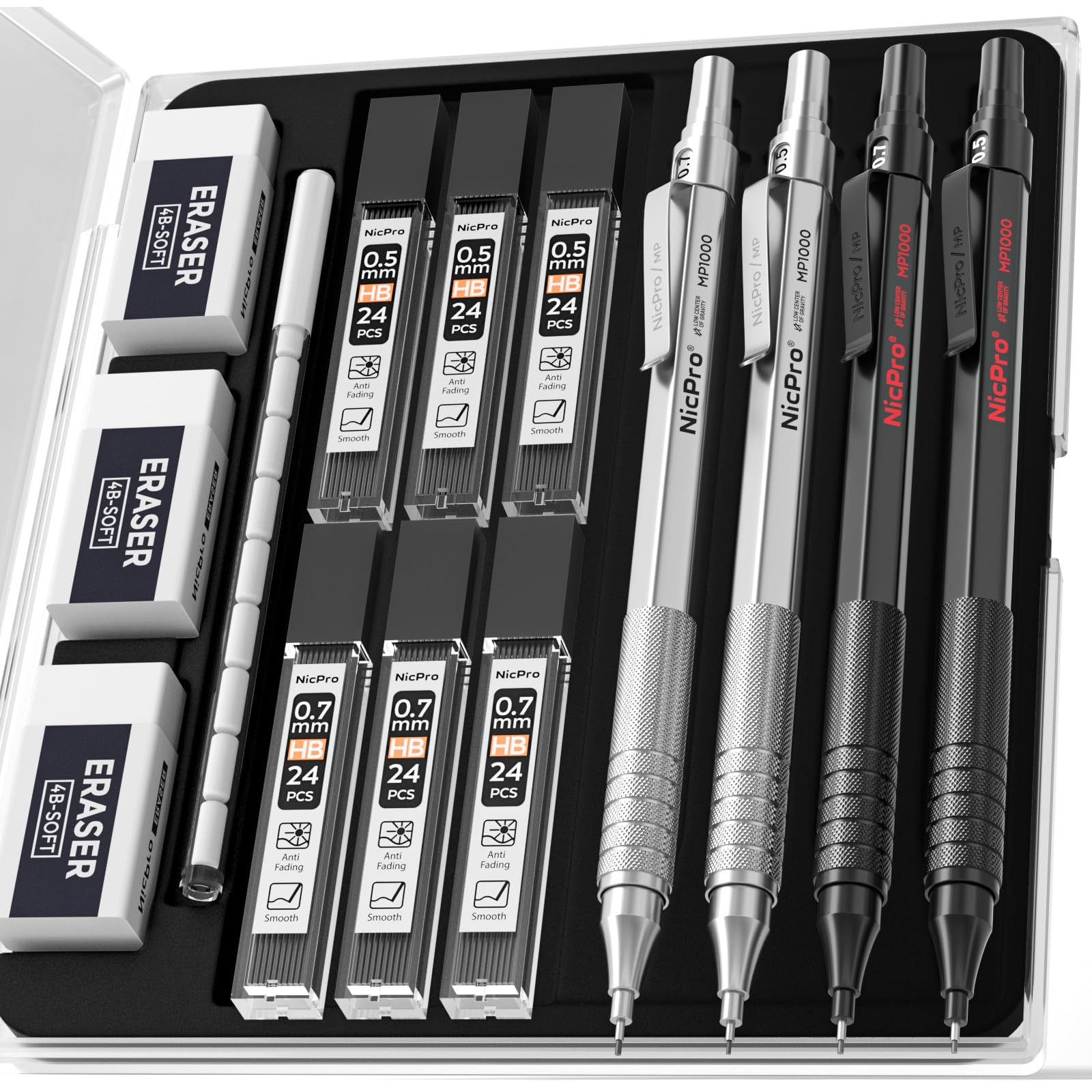 Nicpro Metal Mechanical Pencils Set of 4 0.5mm and 0.7mm with Case, MP1000 Artist Pencils with 4 HB and 2B Tubes, 3 Erasers, 9 Refills for Art Writing, Drawing, Black and Silver
