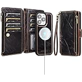 Antsturdy Compatible with Magsafe Magnetic 2 in 1 Detachable iPhone 14 Pro Wallet Case with Credit Card Holder Slots,PU Leather RFID Blocking Phone Cover Wrist Strap Zipper Women Men,Coffee