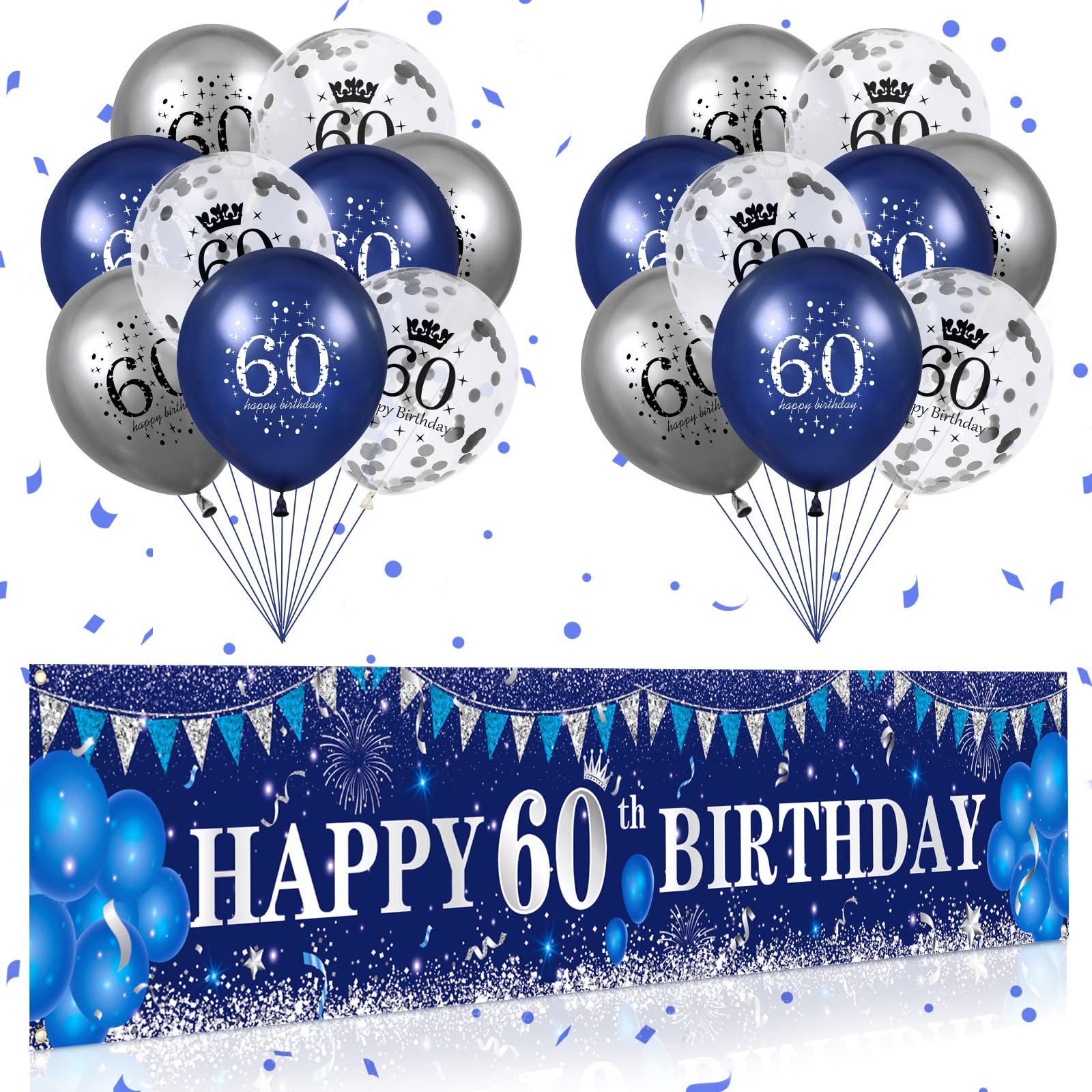 Blue 60th Decorations - Men Women, Navy Blue Silver Birthday Banner, Blue Birthday Balloons for Anniversary Party