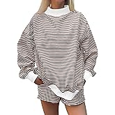 DURUNUL Women Oversized Mockneck Sweatshirt Striped Mock Neck Long Sleeve Pullover Sweatshirts Fall Winter Lounge Tops
