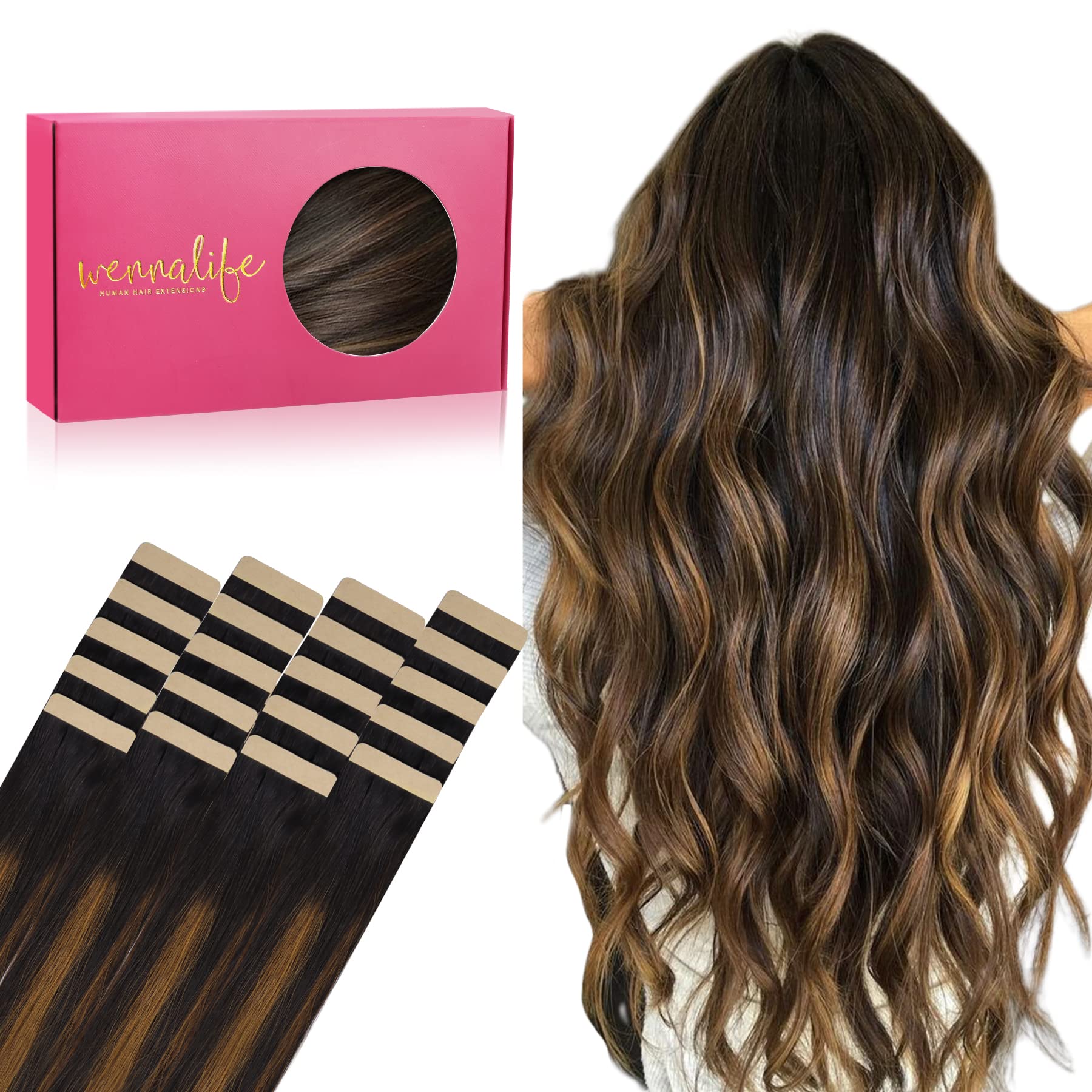 Wennalife Tape in Hair & Extensions: 20pcs 20 Inch 50g Natural Black Mixed Chestnut Brown Remy Human Hair Tape Extensions — image 1