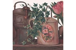 CONCORD WALLCOVERINGS ™ Wallpaper Border Garden Pattern Flowers Plants Seeds Watering Pots for Cottage Kitchen Dining Room, Brown Blue Green Red Pink Beige, 15 Feet by 10.5 Inches BA1401