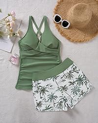 Women Green Palm Tree Tankini Swimsuits with Shorts