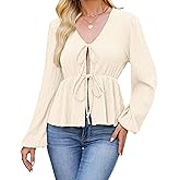 ZAFUL Women's V Neck Knit Top 2025 Long Sleeve Tie Front Shirts Tunics Flowy Rib Blouse Y2k Fall Outfit