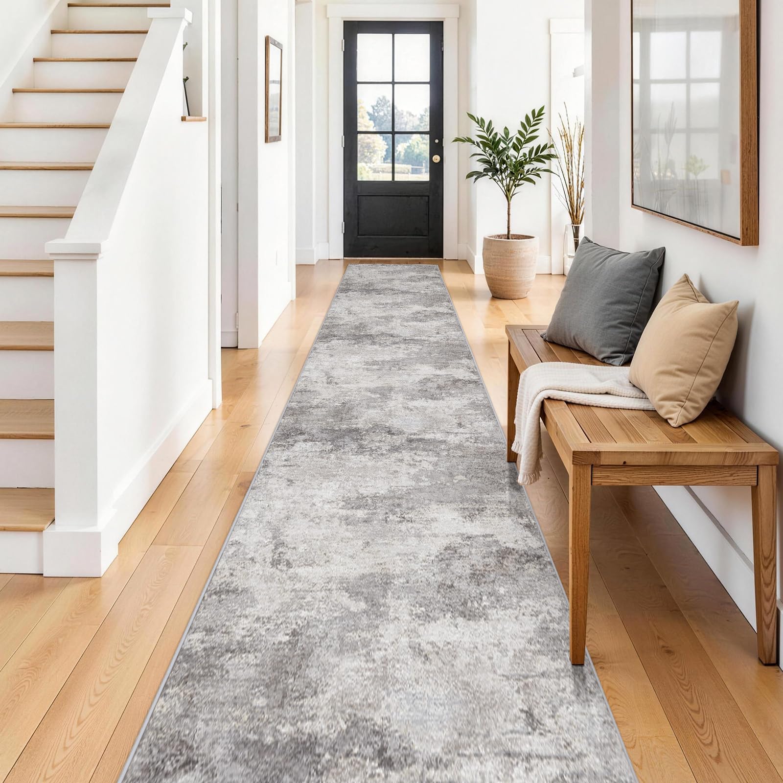 BYYVOO 2'6x14 Extra Long Runner Rug : Washable Non-Slip Carpet for Hallway - Soft Kitchen Rugs Thin Low Pile Floor Mat for Bedroom Abstract Home Decor 2.6x14 Grey Image