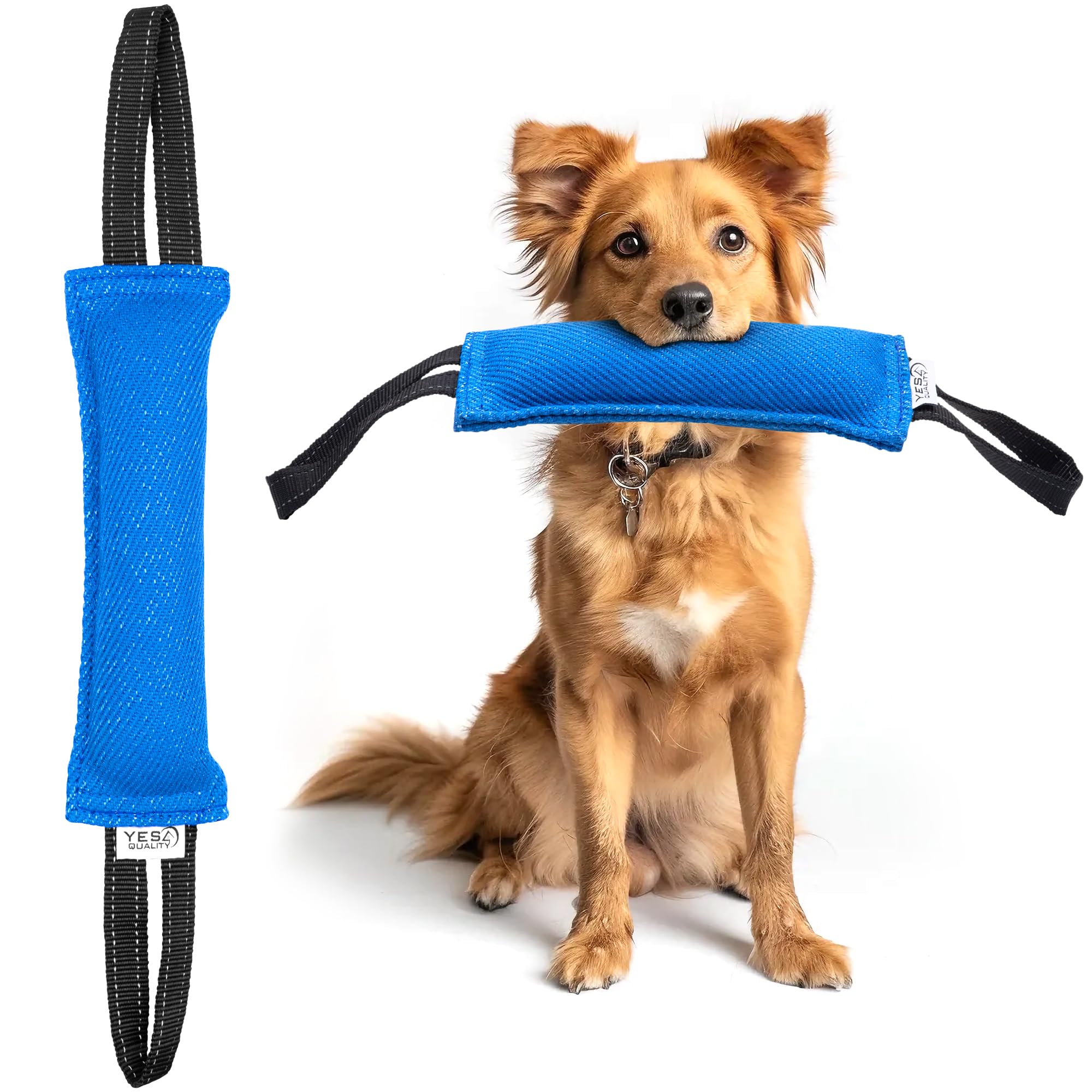 YES4QUALITY Dog Bite Tug Toy - 30x9cm, Blue - Durable Pull Toy with 2 Strong Handles - Tough Nylon Bite Pillow for Small to Medium Dogs - Ideal for Tug of War, Fetch, K9, Puppy Training & Play