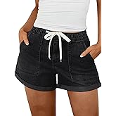 LovelyWholesale Womens Jean Shorts Summer Casual Mid Rise Cuffed Elastic Waist Denim Shorts