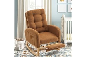 cinkehome Nursery Rocking Chair with Retractable Foot Rest, Teddy Glider Rocking Chair, Mid Century Rocker Chair, High Back, Solid Wood Legs