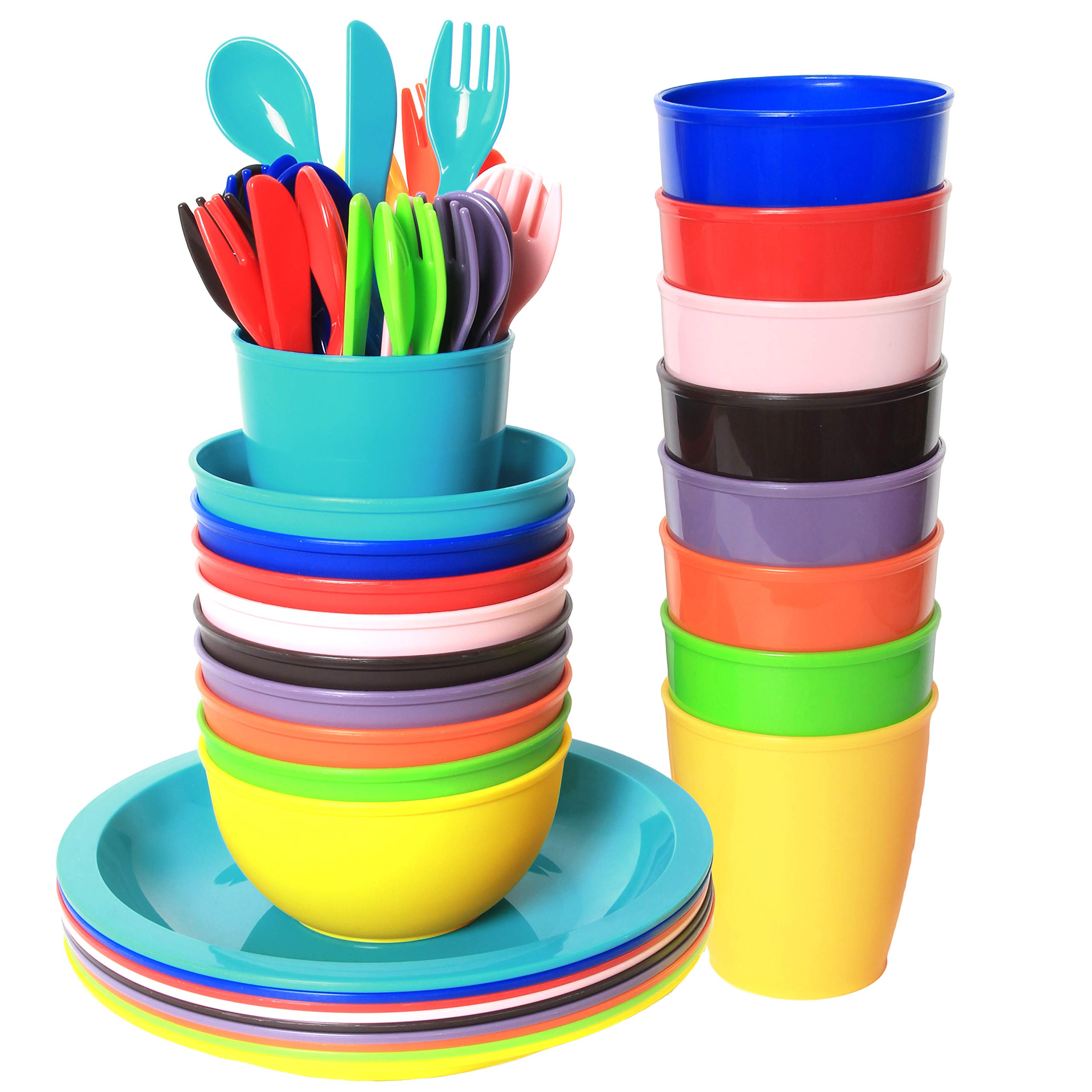 Youngever 54 pcs Plastic Kids Tableware, Re-usable Toddler Dinnerware Set, Dining Set, Cups, Kids Plates, Kids Bowls, Flatware Set, Kids Dishes Set (Rainbow)