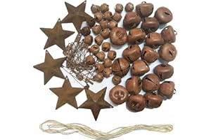 TAHONUSS 75pcs Rusty Jingle Bells Kit Includes Retro Rusty Bells Rustic Metal Star Safety Pins and Jute Rope Country Primitive Craft Vintage Bells for Christmas Home Ornaments Decor