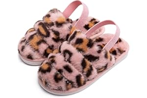 TECHCITY Kids Fluffy Fuzzy Slippers Open Toe House Home Slippers for Boys and Girls Faux Fur Slides with Strap Little Kids Slip-on Shoes