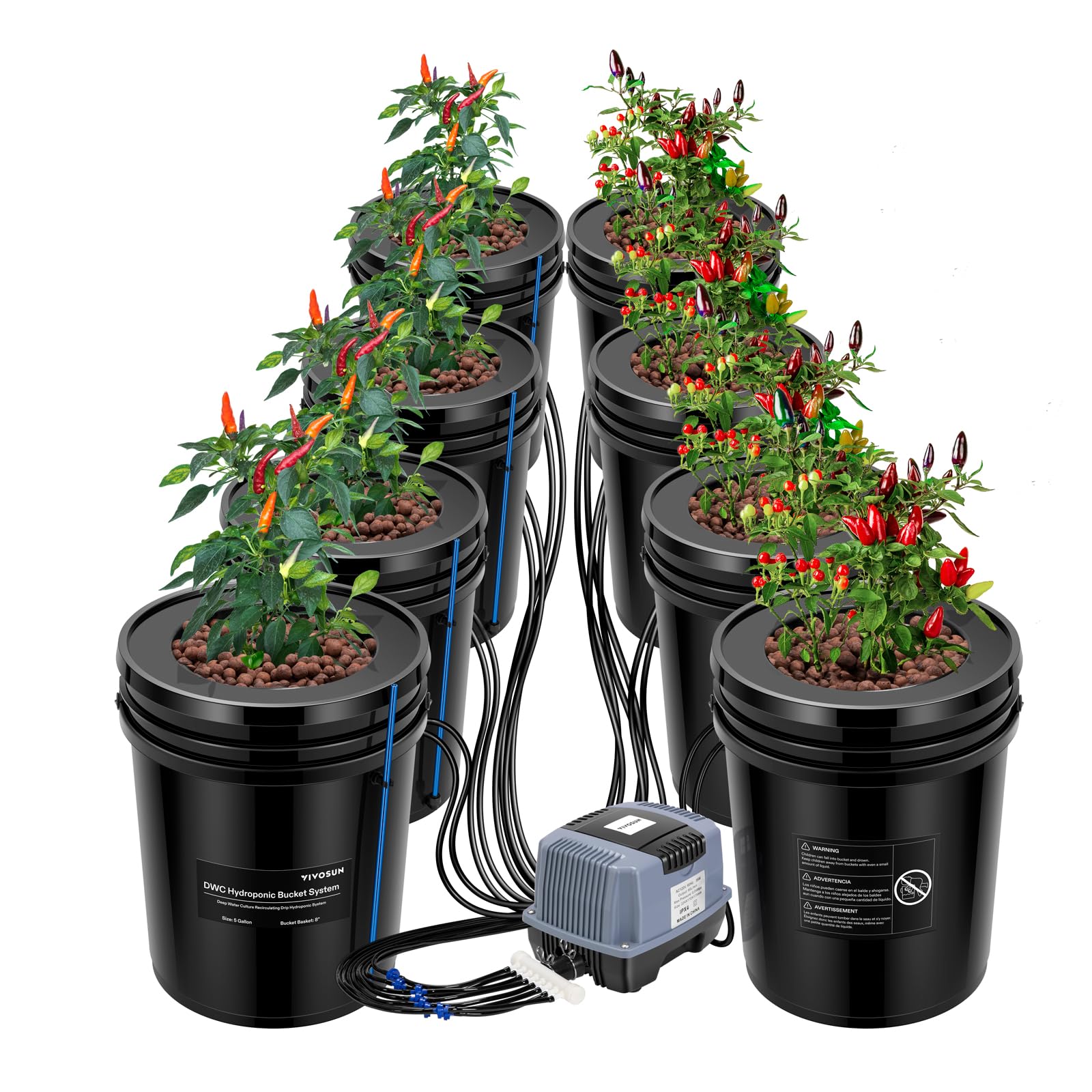 Photo 1 of VIVOSUN DWC Hydroponics Grow System with Top Drip Kit, 5-Gallon Deep Water Culture, Recirculating Drip Garden System with Multi-Purpose Air Hose, Air Pump, and Air Stone (8 Buckets + Top Drip Kit)