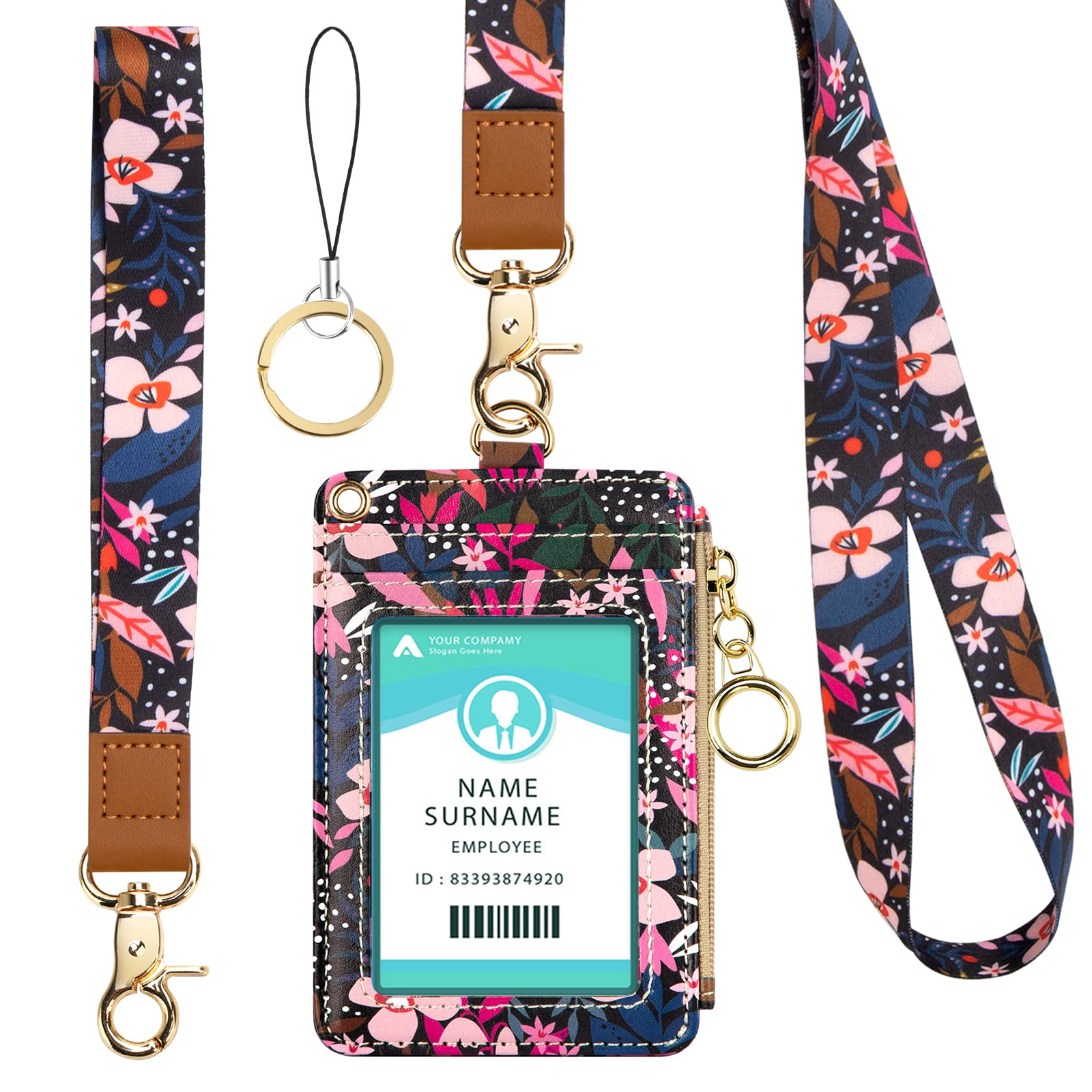 Badge Holder Neck Strap PU Leather Badge Holder with Zipper Pocket for ID Card, Student Card, Bus Card (Pink Flower)