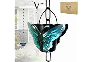 U-NITT Rain Chain Water Collection for Gutters, Rainwater Catcher & Diverter, 8.5 FT Chains for Outside Garden, Butterfly Bucket Cups, Roof Downspout, Works with Heavy Rain, w/ Gutter Clip for Rainchains