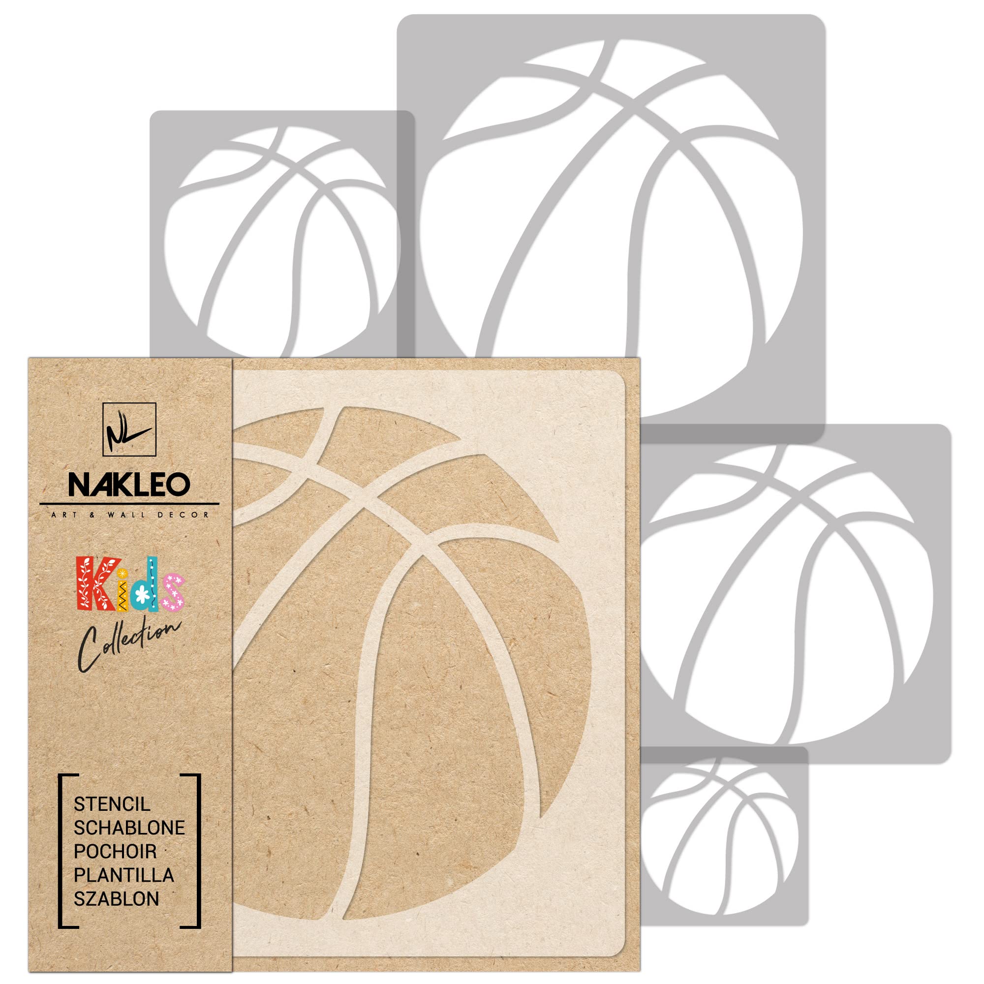NAKLEO Painting Stencils Set for Nursery Room, 5 Pcs Templates 9x9 to 34x34cm Basketball Basket Ball, Plastic and Reusable Drawing Stencils, Decor, Craft DIY Wall Furniture