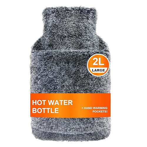 Bonilife Hot Water Bottle with Cover, 2L Large Hot Water Bottle for Period, Neck, Back Pain Relief, Fluffy Hot Water Bag with Cosy Hand Warmer Pocket Cover for Men Women Adult Kids-Black