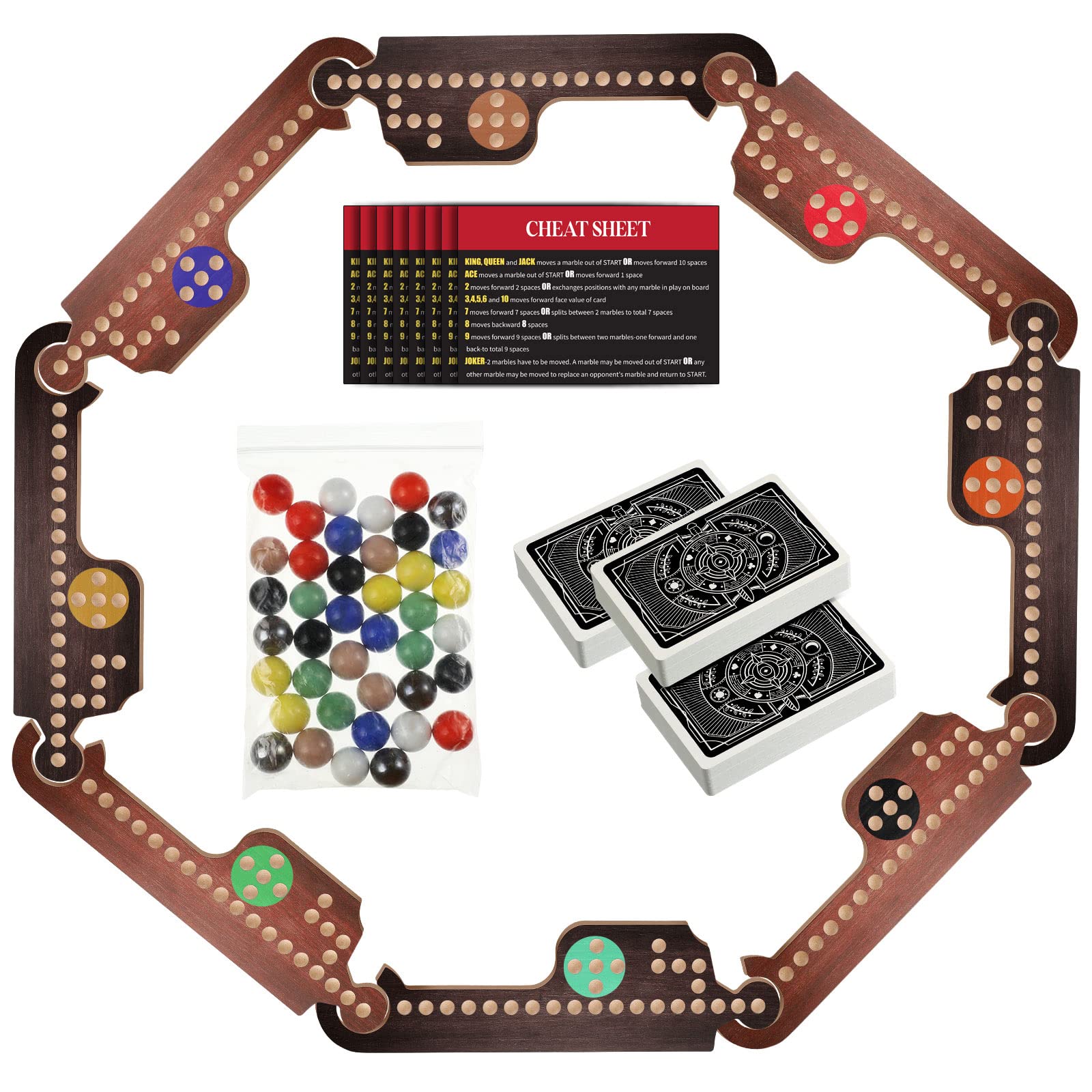 Photo 1 of Kathfly Jokers and Marbles Board Game Pegs Card Game Set with 8 Wood Boards 40 Colorful Marbles Pegs 3 Boxes Playing Card 8 Game Instructions for Adults Family, 4-8 Players(Retro Colors)