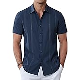 Alimens & Gentle Men's Cuban Guayabera Shirts Cotton Linen Short Sleeve Button Down Shirts Casual Summer Beach Camp Shirt