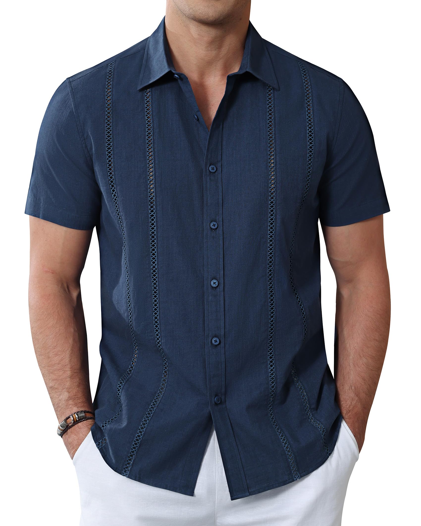 Photo 1 of Alimens & Gentle Men's Cuban Guayabera Shirts Cotton Linen Short Sleeve Button Down Shirts Casual Summer Beach Camp Shirt Navy Blue LARGE 