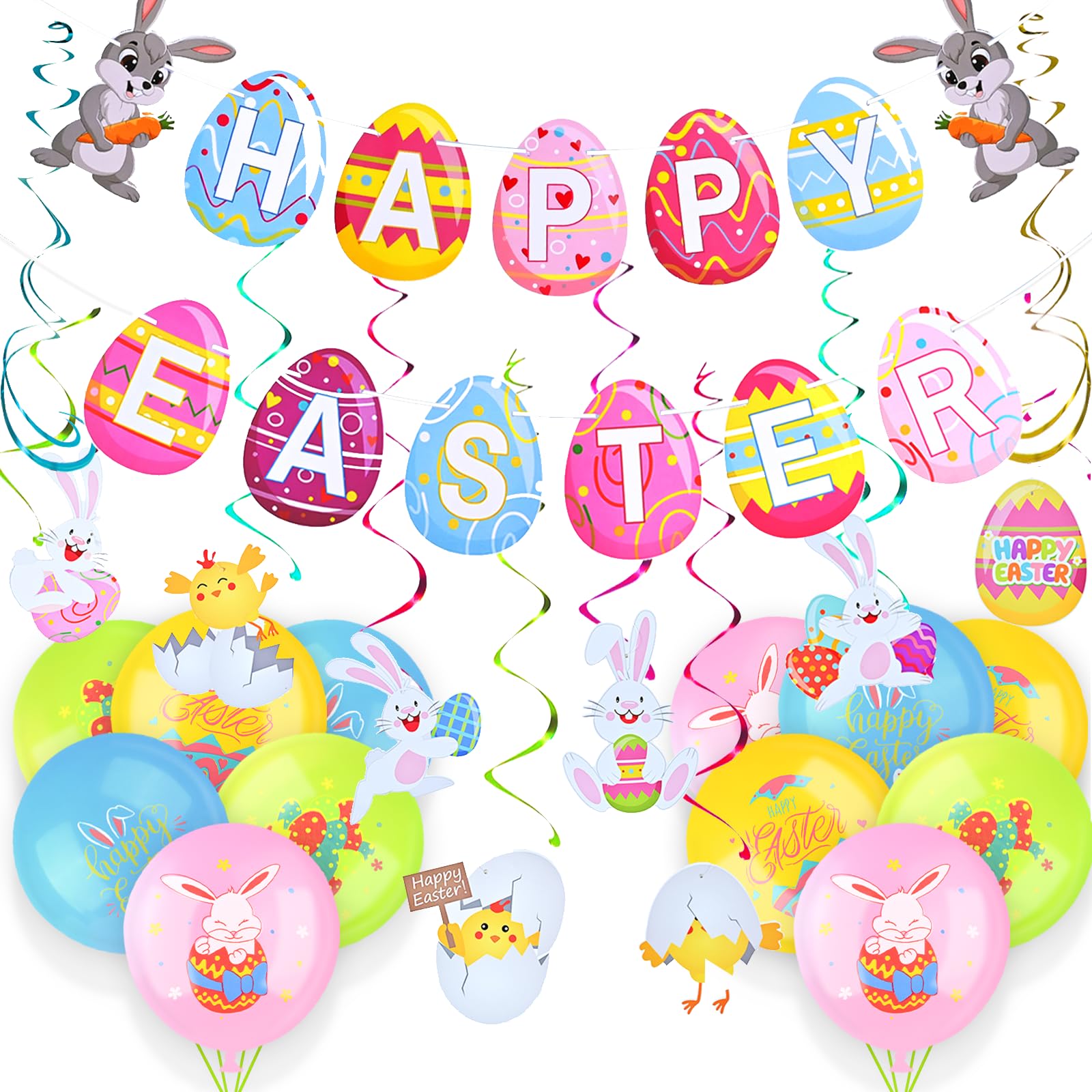 AhfuLife 25pcs Happy Easter Bunny Paper Banner Easter Bunting and 12pcs Easter Balloons, Hanging Swirl Decorations for Home Garden School Indoor Outdoor Decor