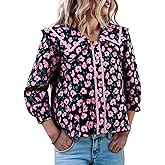 Cicy Bell Womens Floral Button Down Shirts Trendy Casual 3/4 Lantern Sleeve Blouse Square Neck Collared Tops