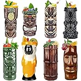 LINALL Tiki Mugs Cocktail Set of 8 - Ceramic TIKI Mugs Hawaiian Party Cute Exotic Cocktail Glasses Hawaiian TIKI Mug - TKSET0080 (8pcs)