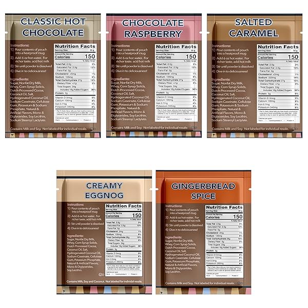 DOUBLE DONUT FLAVORED HOT CHOCOLATE PACKETS VARIETY PACK,18 COUNT INCLUDES CLASSIC, CHOCOLATE RASPBERRY, SALTED CARAMEL & PEPPERMINT
