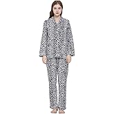 amaxer Women's Warm Pjs Flannel Pajamas Set 100% Cotton Sleepwear Button Pajama Set with Elastic Drawstring